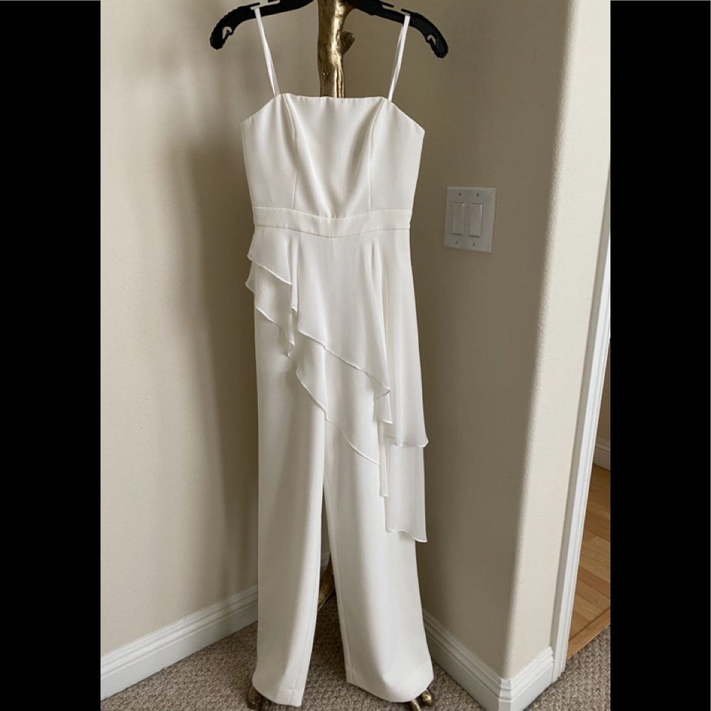 BCBGMAXAZRIA, OFF WHITE LAYERED JUMPSUIT.  STRAPLESS/STRAPS